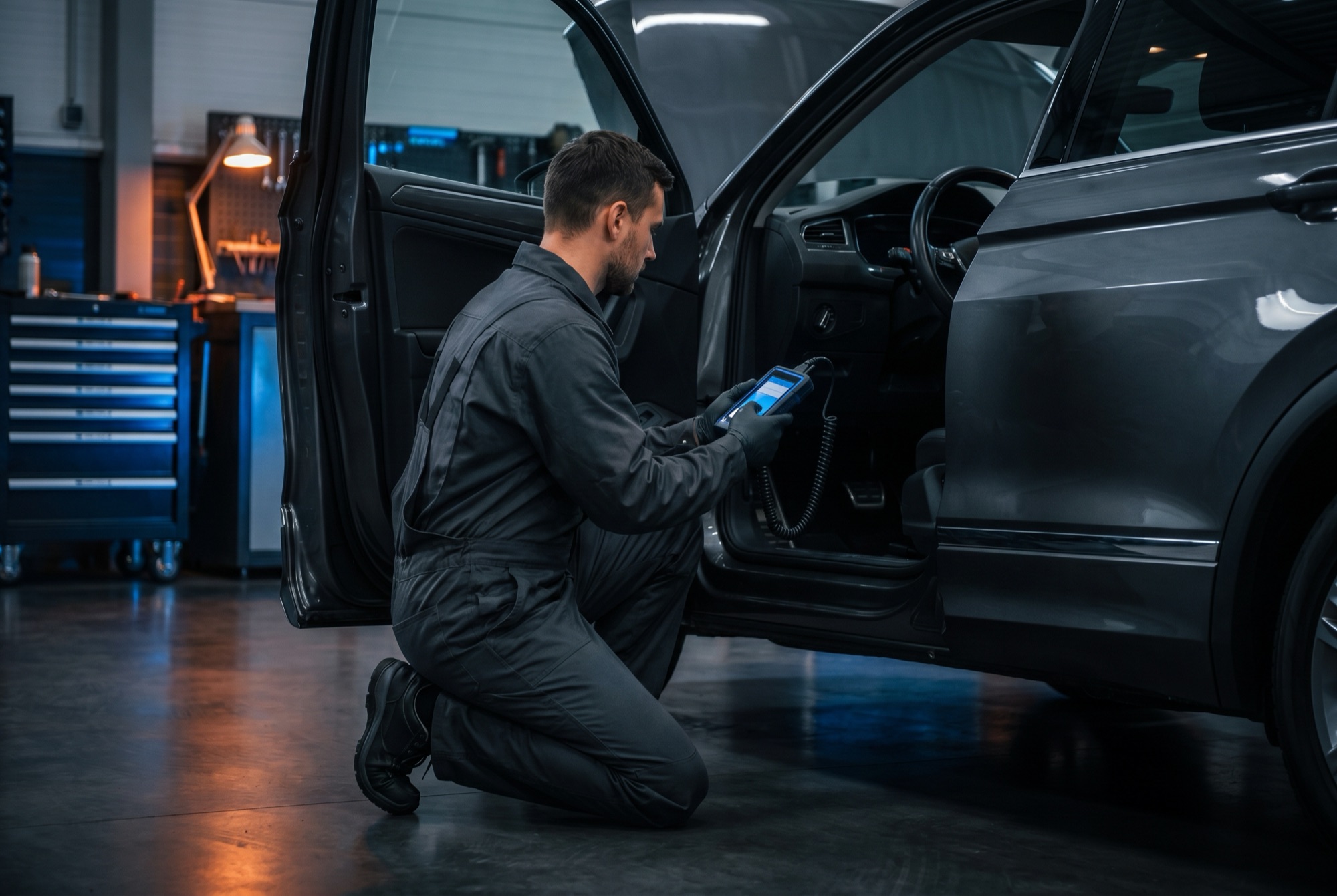 Mechaniker führt eine Fahrzeugdiagnose mit Diagnosegerät durch