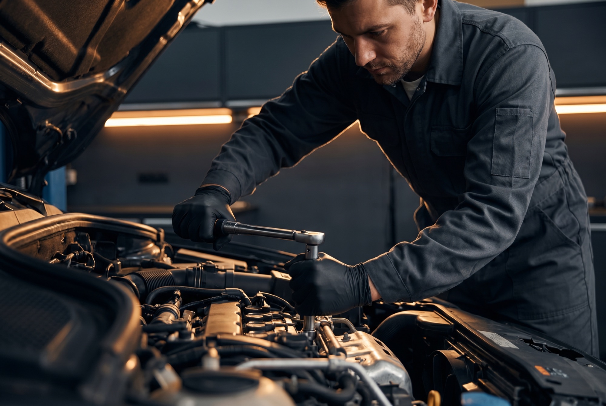 Mechaniker arbeitet am Motor eines Fahrzeugs