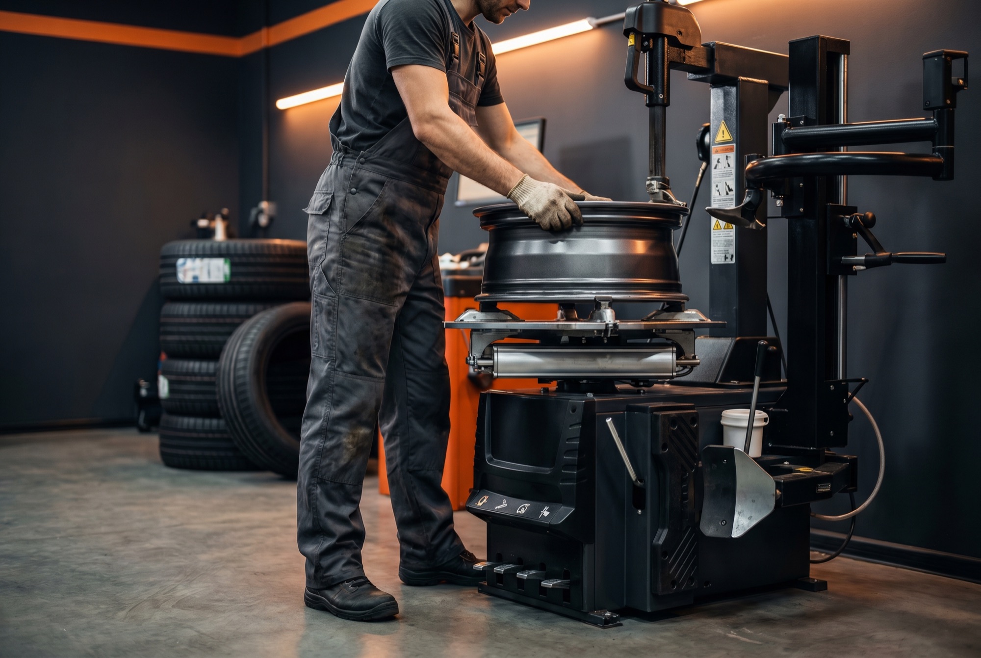 Reifenservice: Mechaniker an der Reifenmontiermaschine